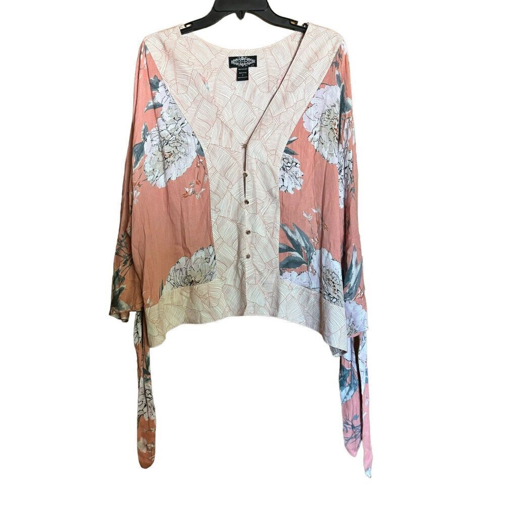 Oliver Top Womens Large Multicolor Floral Boho Trim Artsy Tie Sleeve Blouse